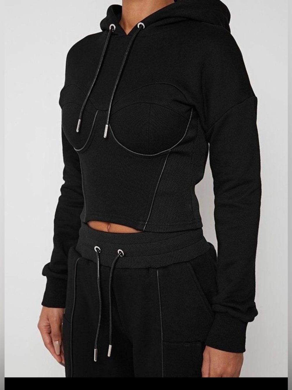 Manière De Voir Black Corset Hoodie Fitted Cropped Y2K Streetwear 6